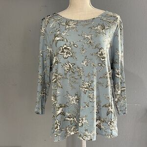 J Jill light teal cotton blend floral blouse with metal buttons on shoulder